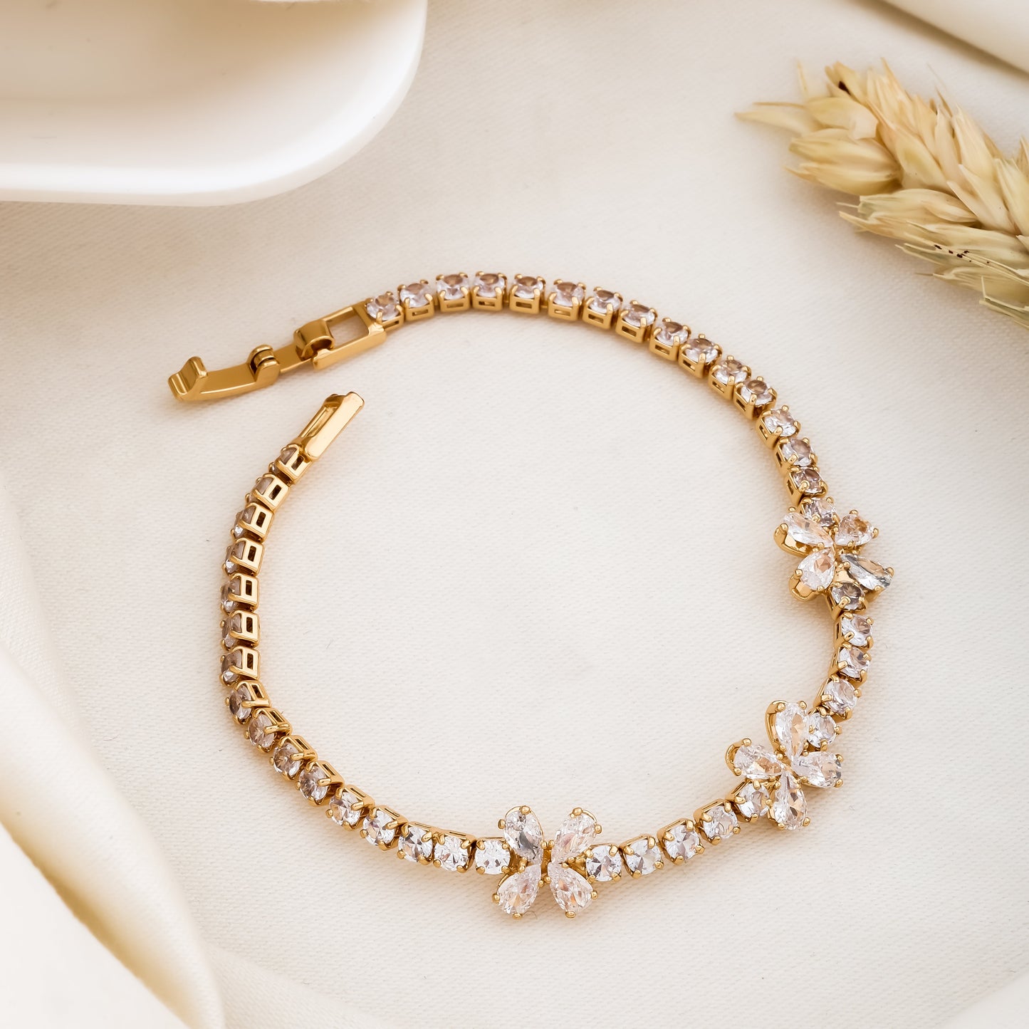 Gold-Toned Floral Diamond Bracelet