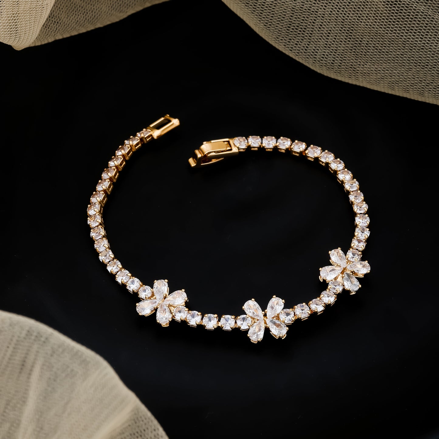Gold-Toned Floral Diamond Bracelet